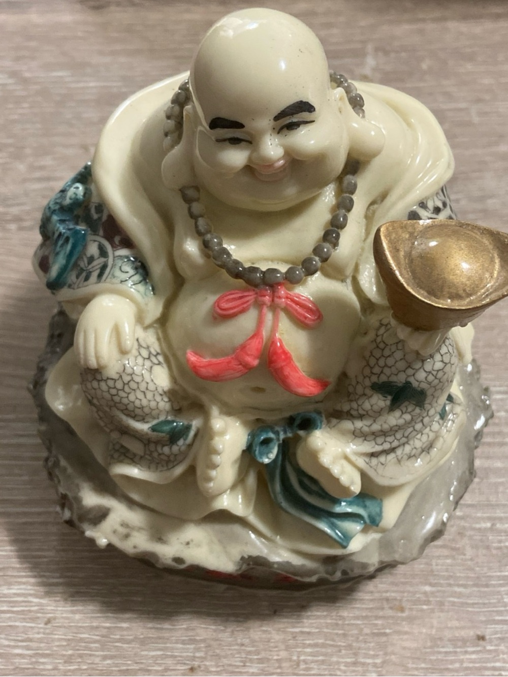 Vintage Laughing Buddha Figurine with Gold Ingot - Cream & Red Accents